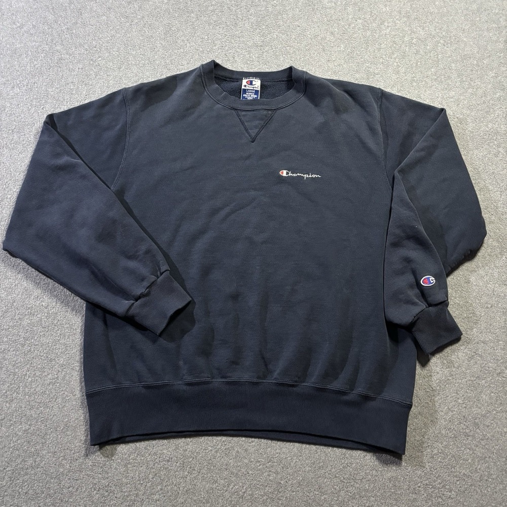 Vintage 90s Champion Script Logo Crewneck Sweatshirt Navy Blue Men's Large